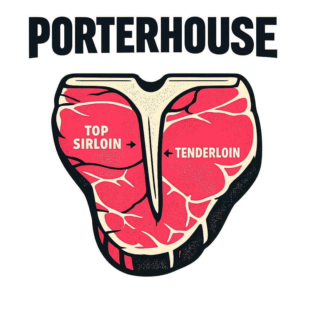 Infografik zum Porterhouse — Lage am Rind und Abgrenzung zum T-Bone